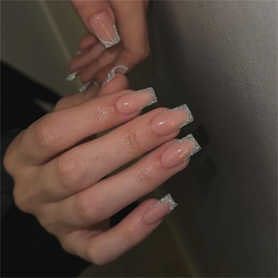 Lange Franse tips Gouden glitterlijm op lange vierkante nagels Glitter Franse tip Kunstnagels Set Vierkante kunstnagels voor dames 24 stuks
