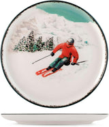 Winter Escape 12-delige kerststeengoed serviesset - Nordic Winter Skier Design - Vaatwasmachine- en magnetronbestendig