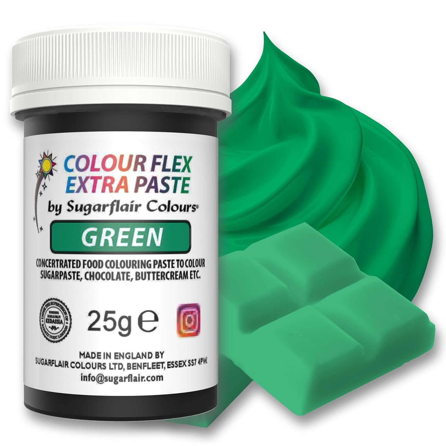 Sugarflair Colourflex Extra Paste Verde voedselkleuring - Eetbare kleurstof voor botercrème, chocolade, suikerpasta, glazuur, fondant, cakemixen, deeg en meer - 25g