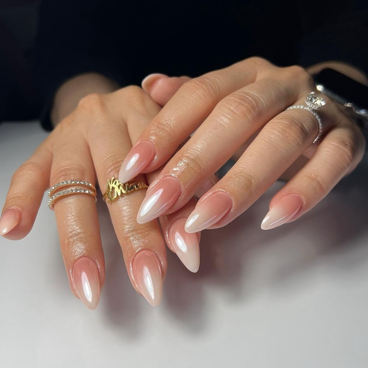 Zelfklevende chroomnagels - Medium amandelbruin Glitterlijm op nagels Glitter nepnagels Lijm op kunstnagels Geglazuurde acrylnagels voor dames 24 stuks