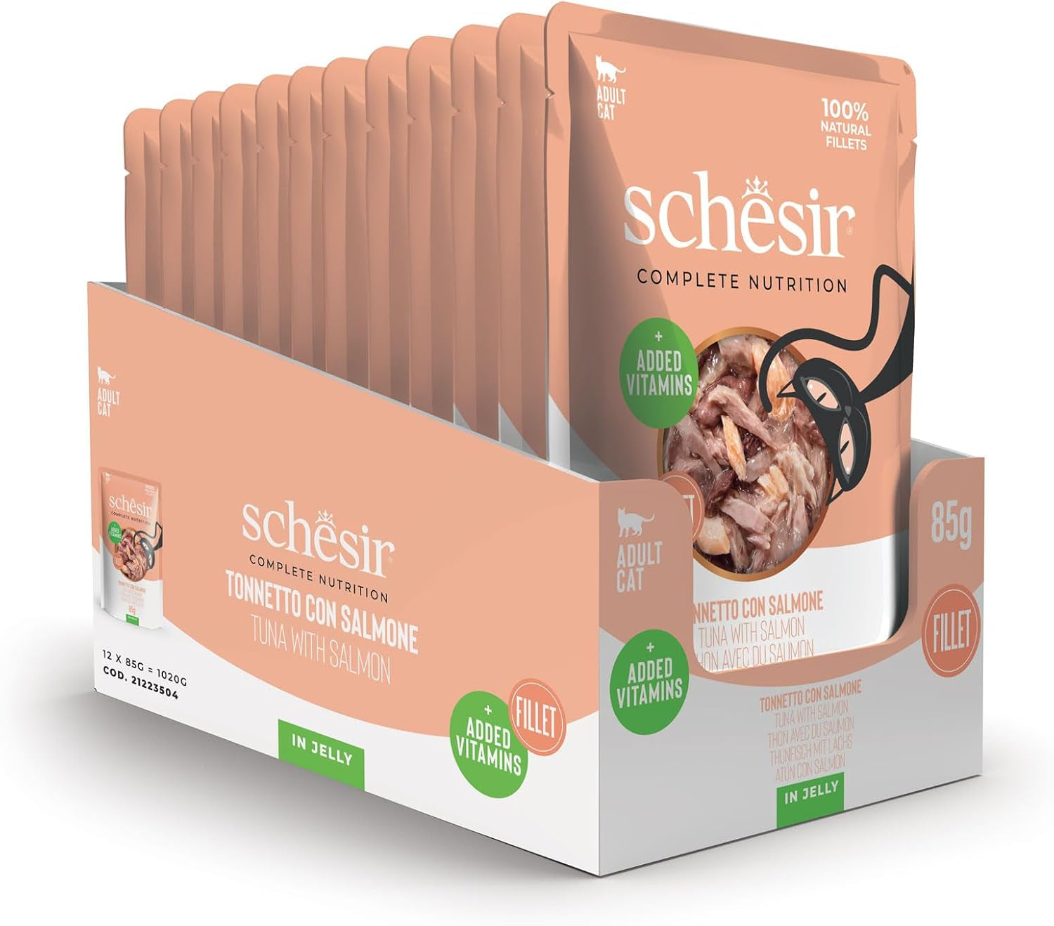 , Tunfisch mit Lachs in Gelee, kompletes Nassfutter für Katzen, im Beutel, 100% natuurlijke inhaltsstoffe, tierversuchfrei, 12 x 85 g