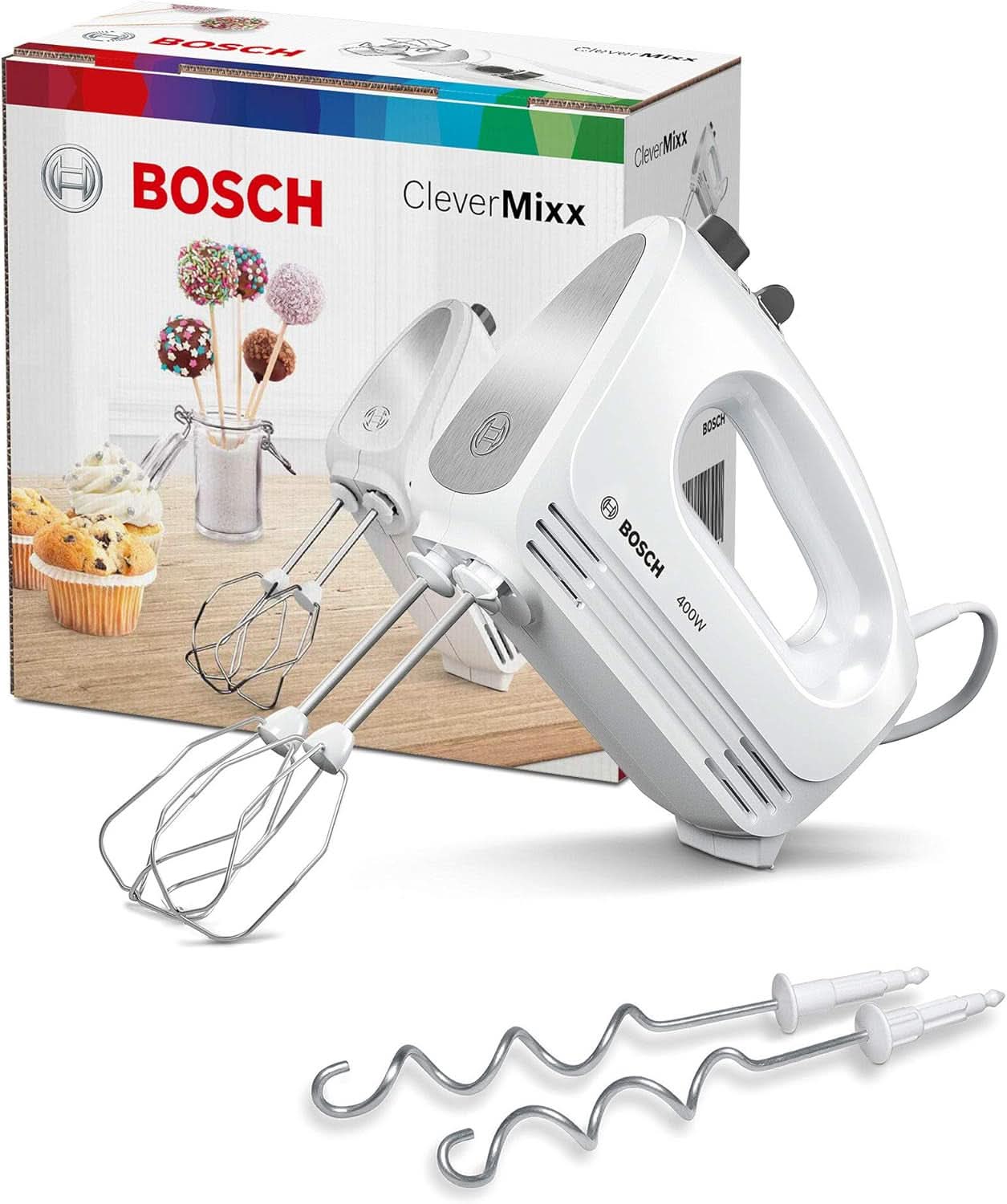 Bosch Hausgeräte Handrührer Clevermixx MFQ24200, 2 Rührbesen, 2 Spülmaschinengeeignet, 4 Stufen, Leicht, Leise, 400 W Weiß/Edelstahl Keuken Naty Shop