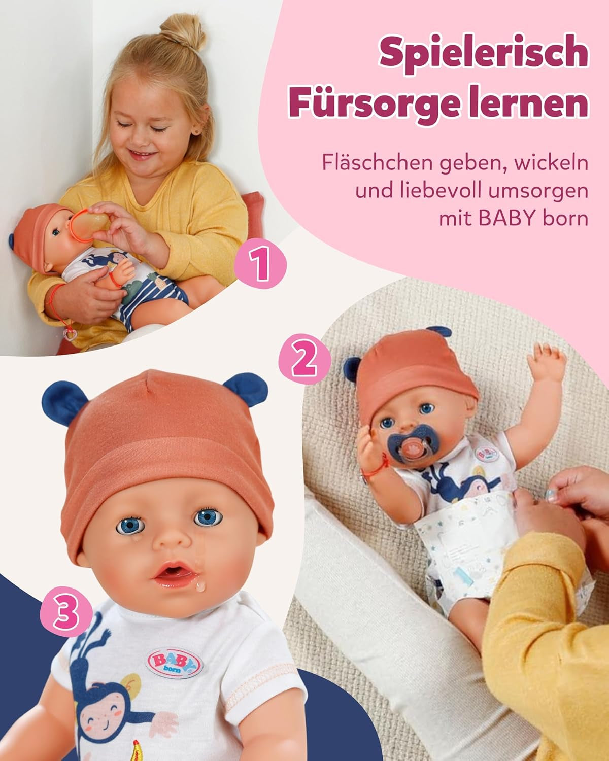 BABY Born Emma in junglestijl - Pop 43 cm groot - 10 functies Inclusief accessoires en jurkje in unisex kleuren - Werkt zonder batterijen - Geschikt voor kinderen vanaf 3 jaar Naty Shop Dolls