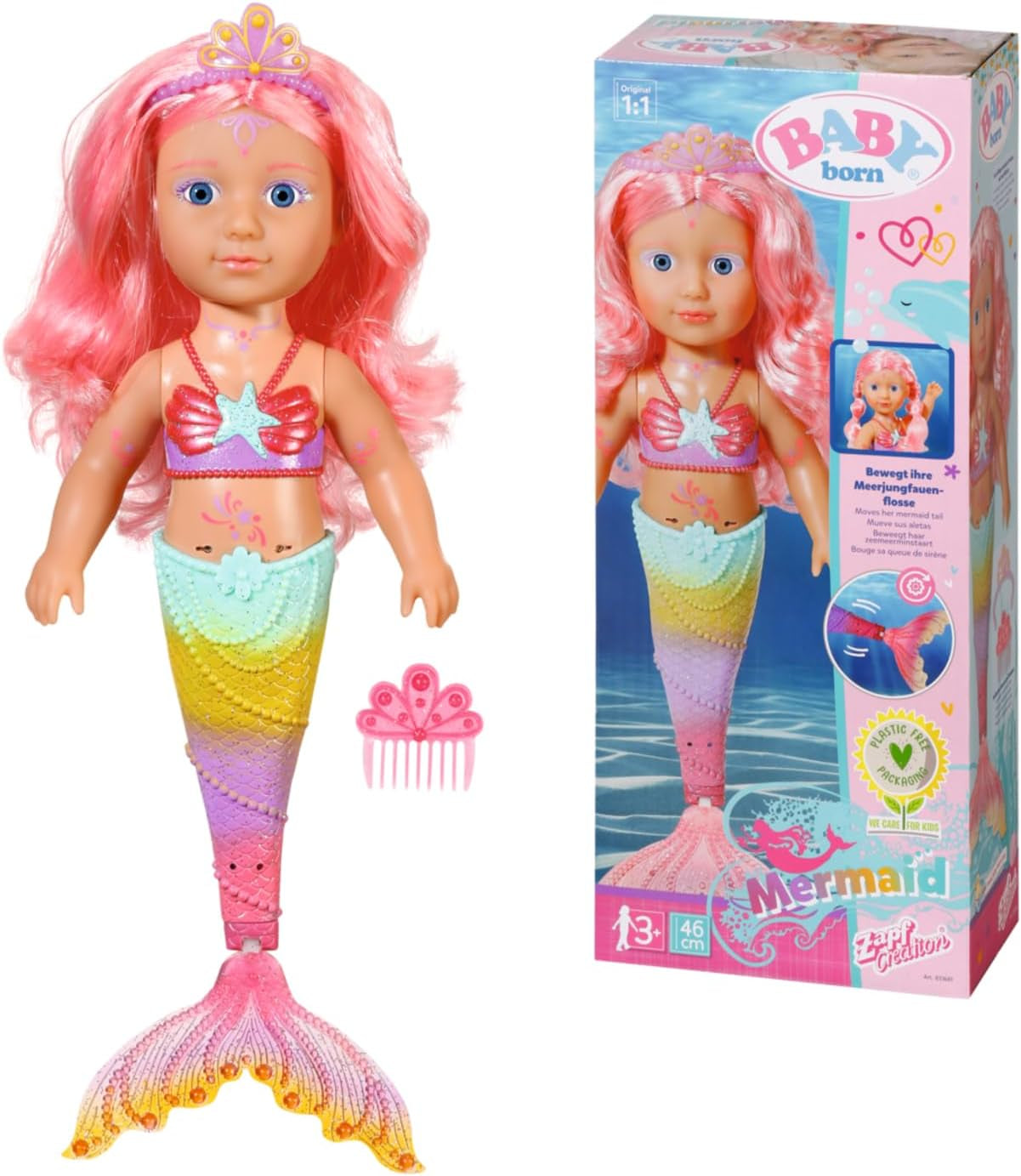 BABY Born Little Sister Zeemeermin 46 cm waterdichte zeemeerminpop met lang haar en beweegbare glittervin, incl. tiara en kam, 833681 Zapf Creation Dolls Naty Shop Single