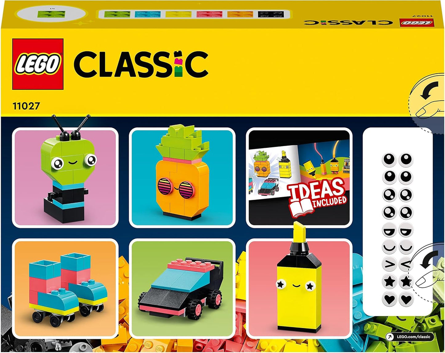 LEGO 11027 Classic Neon Creatieve bouwset, Brick Box Set, Bouwspeelgoed met modellen: auto, ananas, alien, rolschaatsen, figuren en meer, voor kinderen vanaf 5 jaar Bouwsets Besuche den LEGO-Store
