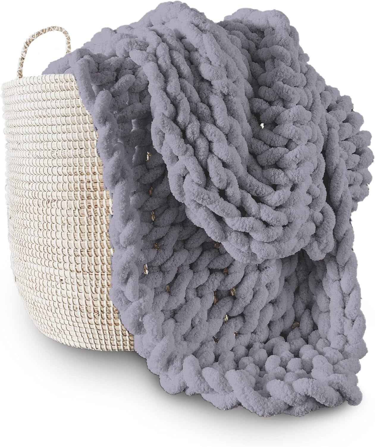 Grof gebreide deken, plaid, 100% handgebreid met jumbo chenillegaren (127 X 152,4 Cm, lilagrijs) Adyrescia Bedden en Dekbedden Grijs 50 "X60"