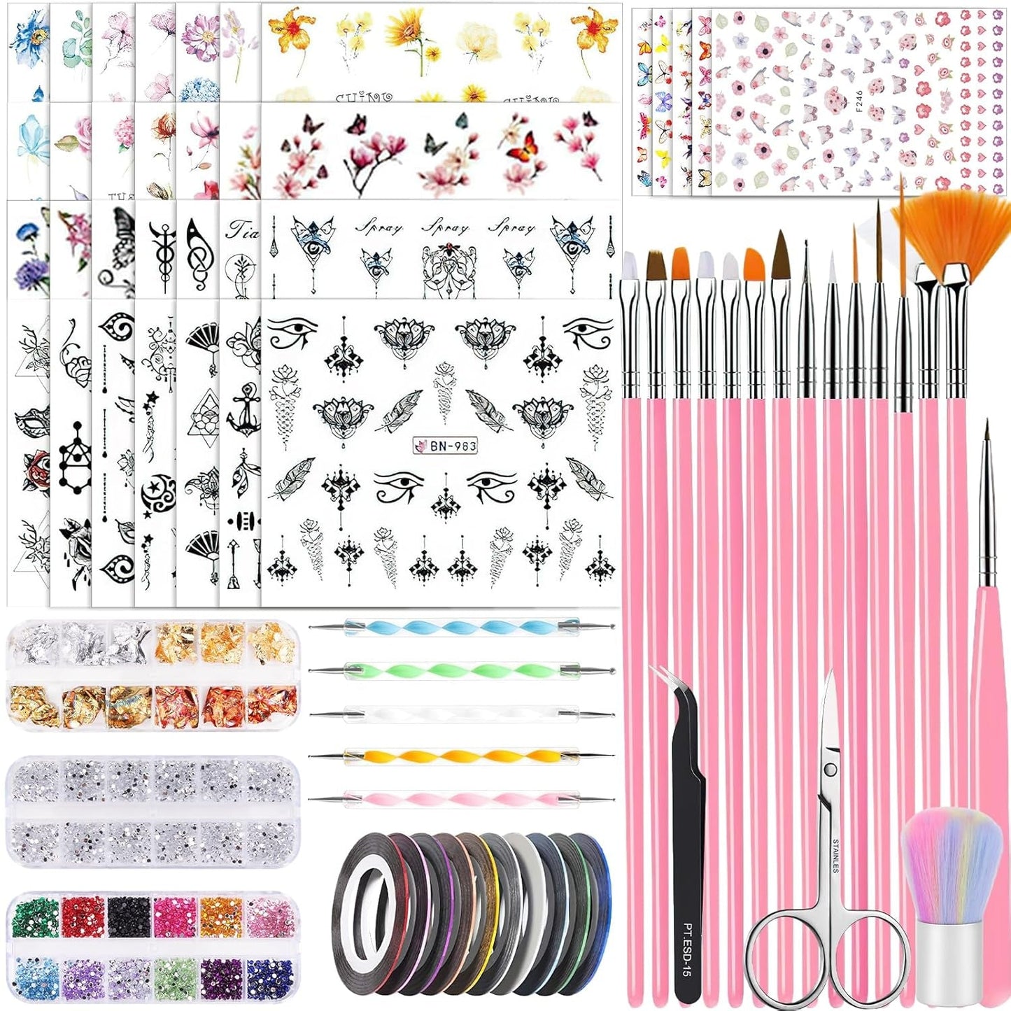 53 Blätter Nagelsticker, Nail Art Pinsel en decoratieset, 15 PCS Pinsel, 5 PCS Dotted Pennen, Strasssteine, Blattgold voor Nagelkunst, Nagel Pailletten, Nagelkunstwerkzeuge en decoratiesets