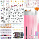 53 Blätter Nagelsticker, Nail Art Pinsel en decoratieset, 15 PCS Pinsel, 5 PCS Dotted Pennen, Strasssteine, Blattgold voor Nagelkunst, Nagel Pailletten, Nagelkunstwerkzeuge en decoratiesets