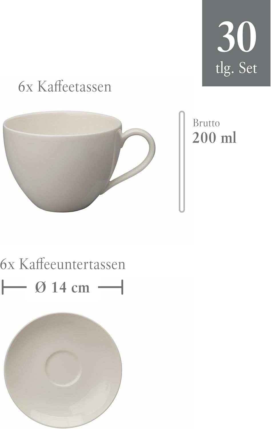 vivo - Villeroy & Boch Groep - Basic Wit 30-delig servies, vaatwasser- en magnetronbestendig, Wit servies, Koffieservies, Keramiek, Borden, Kopjes, Premium porselein