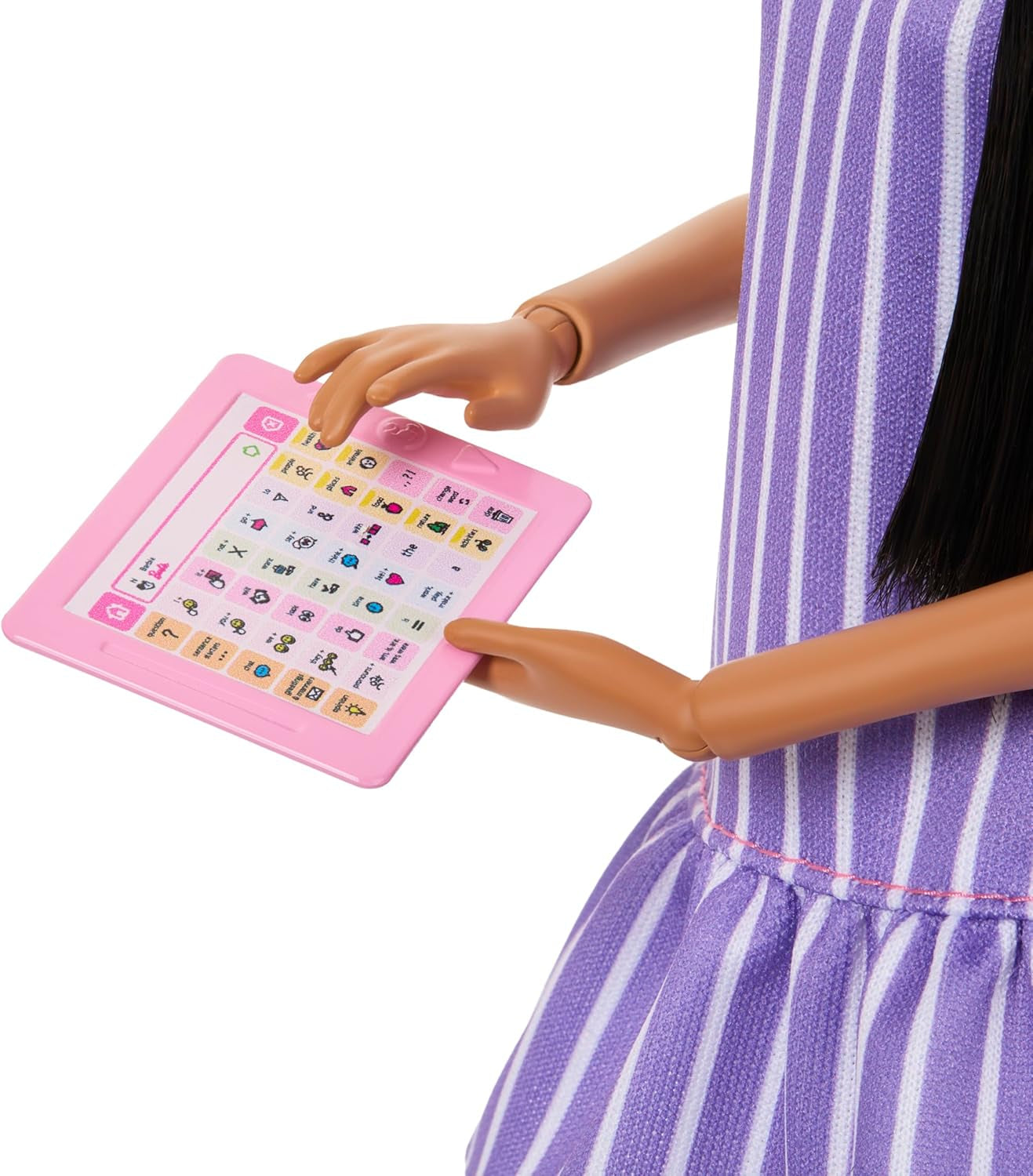 Barbie Fashionistas pop nr. 245, autistische pop met paars gestreepte jurk en accessoires zoals fidgetspinner, tablet en koptelefoon, JJN58