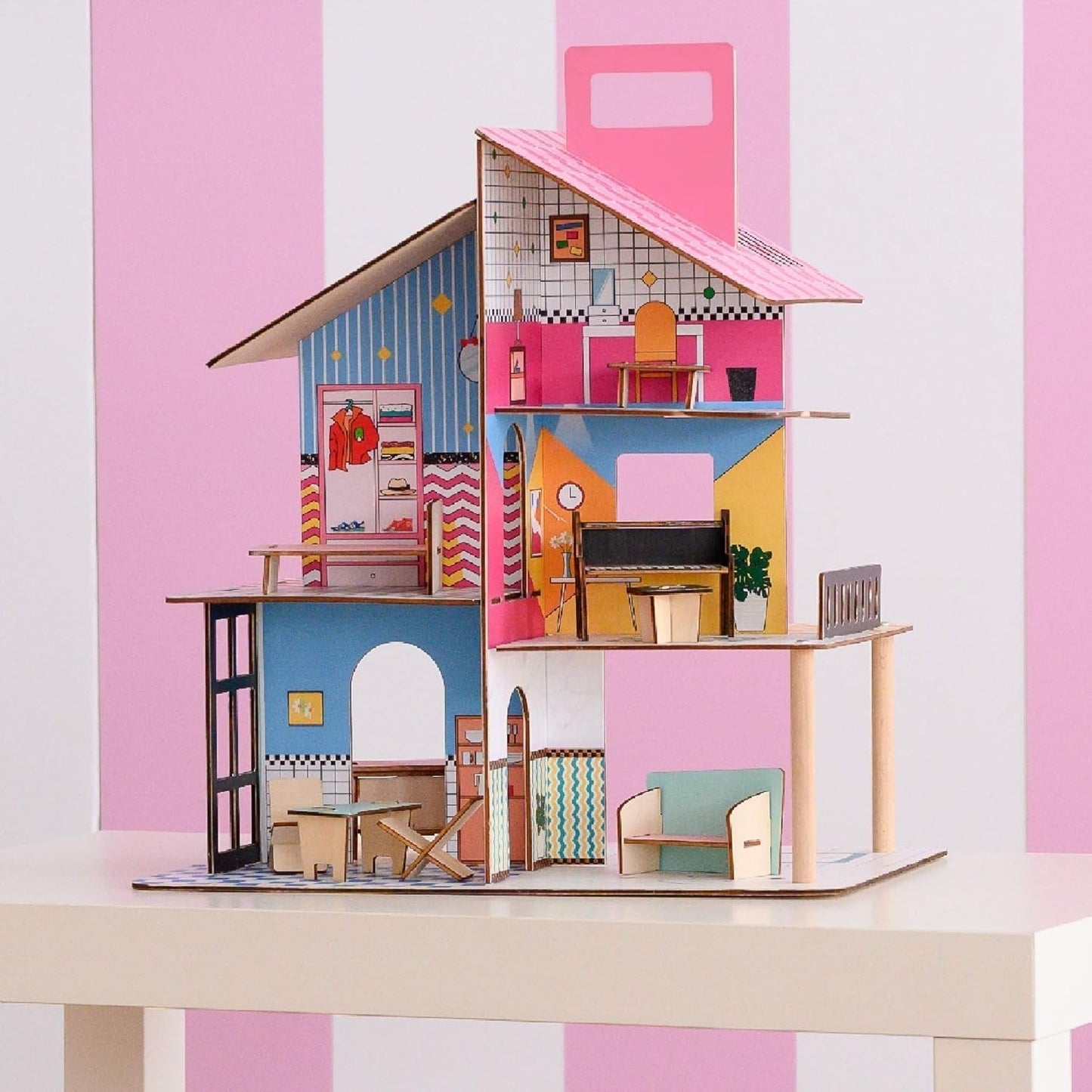 Olivia'S Little World 360 houten poppenhuis voor kinderen 3,5" poppen en 12 accessoires Veelkleurig TD-13260C Poppenhuizen Naty Shop