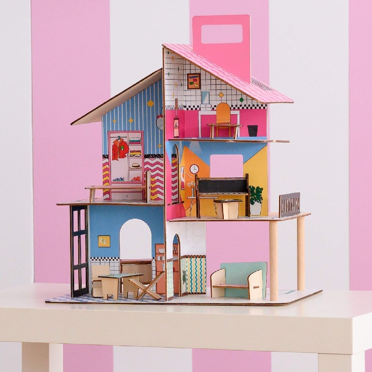 Olivia'S Little World 360 houten poppenhuis voor kinderen 3,5" poppen en 12 accessoires Veelkleurig TD-13260C Poppenhuizen Naty Shop