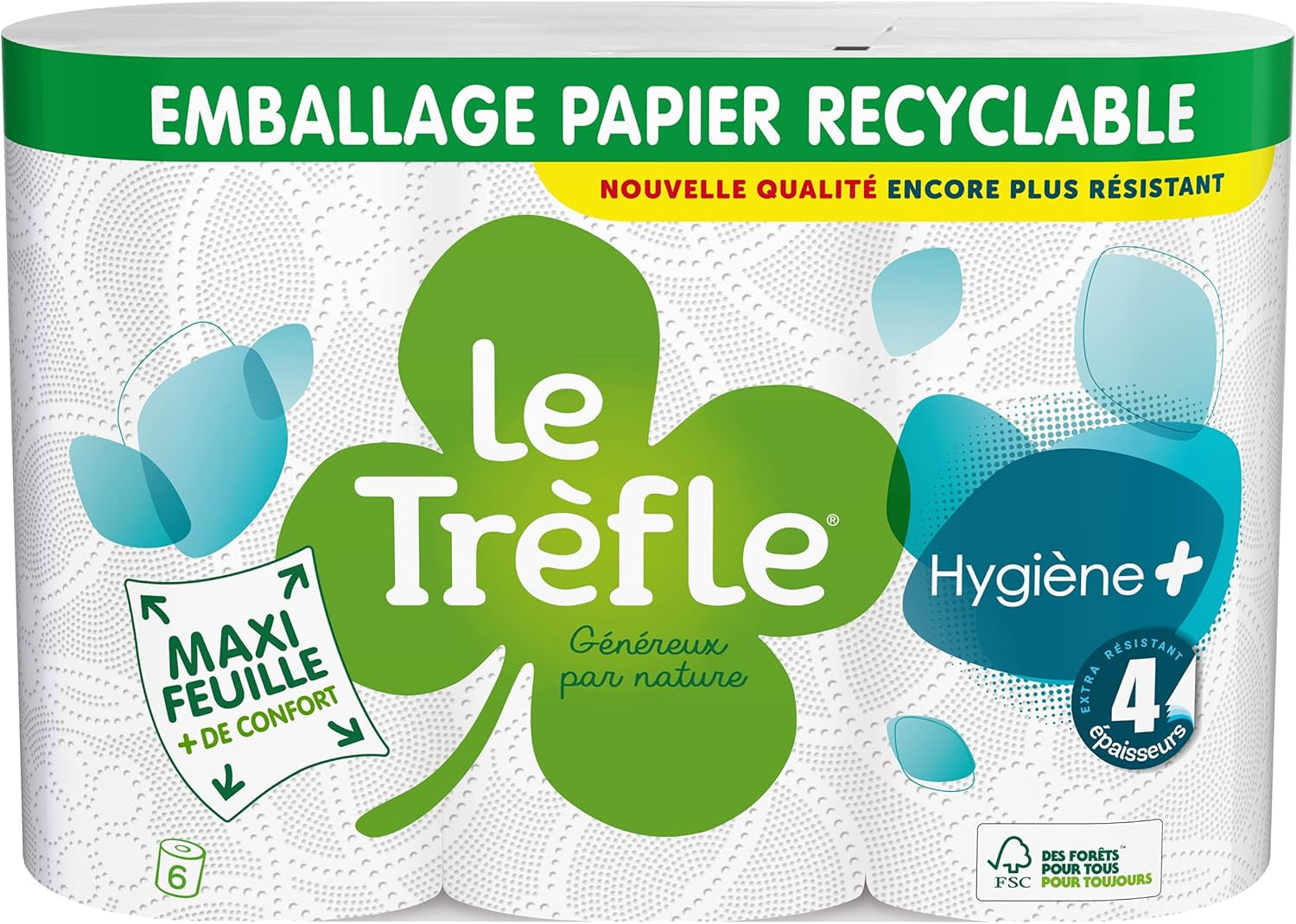 Le Trefoil Hygiëne + Toiletpapier, 6 rollen, 4 sterktes (2-pack)