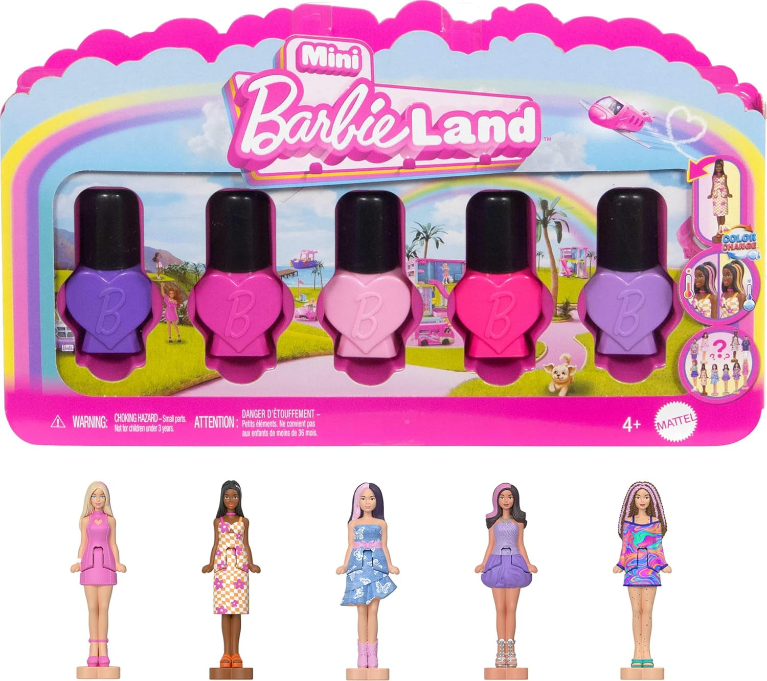 Barbie Mini Barbieland set van 5 fashionista's poppen, ca. Mini-poppen van 3,8 cm hoog in lippenstiftmouwen, verrassingscollectieset (stijlen kunnen variëren), JBD26 Naty Shop-poppen, 3 stuks