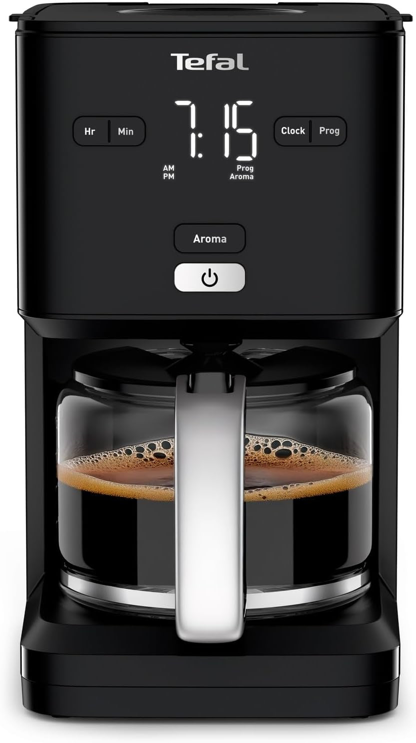 Tefal Smart'n Light espressomachine met timer, espressomachine met programmeerbaar filter 1,25 l, aromafunctie voor intens aroma, warmhoudfunctie, antidruppelen en gemakkelijk schoon te maken, zwart