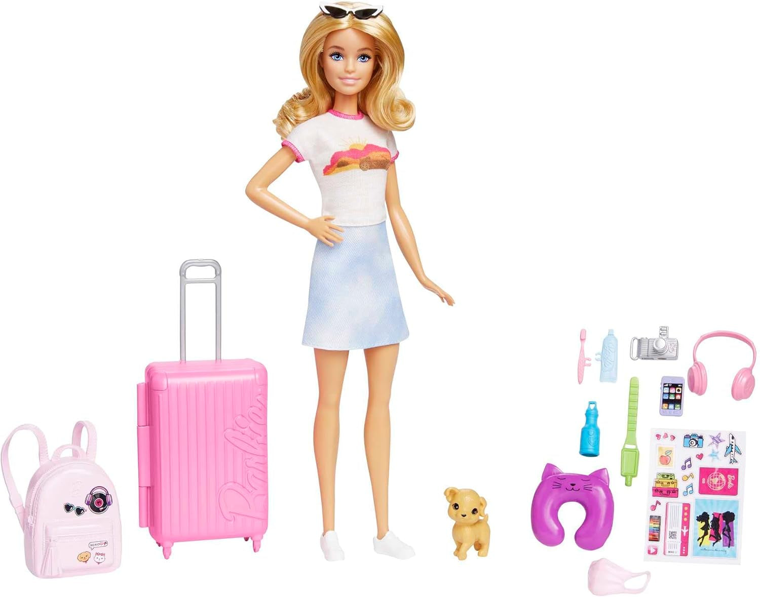 Barbie-pop, reisbarbie met blond haar, 10+ reisaccessoires, stickers, koffer, puppy, inclusief 1 pop, kindercadeau, speelgoed vanaf 3 jaar, HJY18