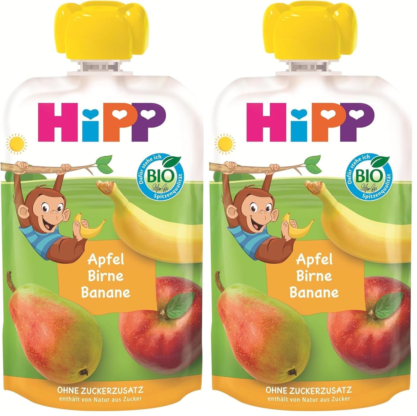 HiPP biologische fruitzakjes, uitknijpbaar, appel, peer, banaan - Anton Maimuta (8 x 100g), vanaf 1 jaar, 100% fruitpuree, geen toegevoegde suikers, vegan, beste biologische kwaliteit (pak van 2)