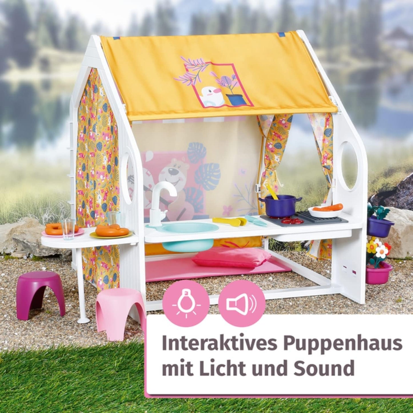 BABY born Poppenhuis, Weekendhuis met licht- en geluidsfunctie, te openen zijpanelen, gootsteen, grill en vele accessoires, 832752, Zapf Creation