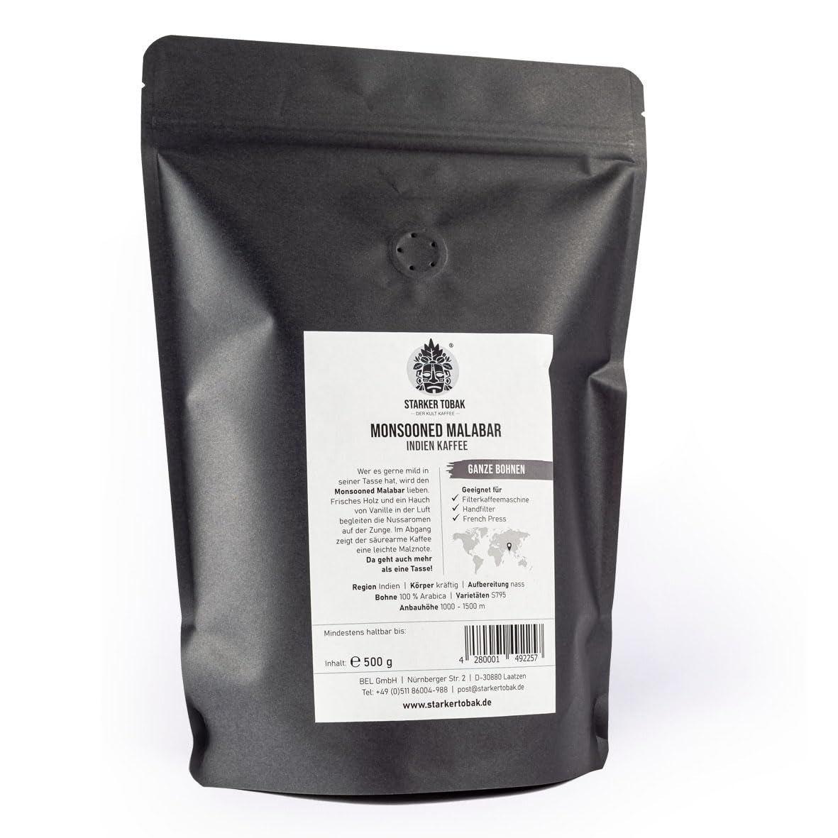 STARKER TOBAK Monsooned Malabar-koffie, hele bonen, handgebrand - medium gebrand, India, 100% Arabica, geschikt voor filterkoffie, Franse pers, volautomatische koffiezetapparaten, zacht voor de maag - extra lage zuurgraad