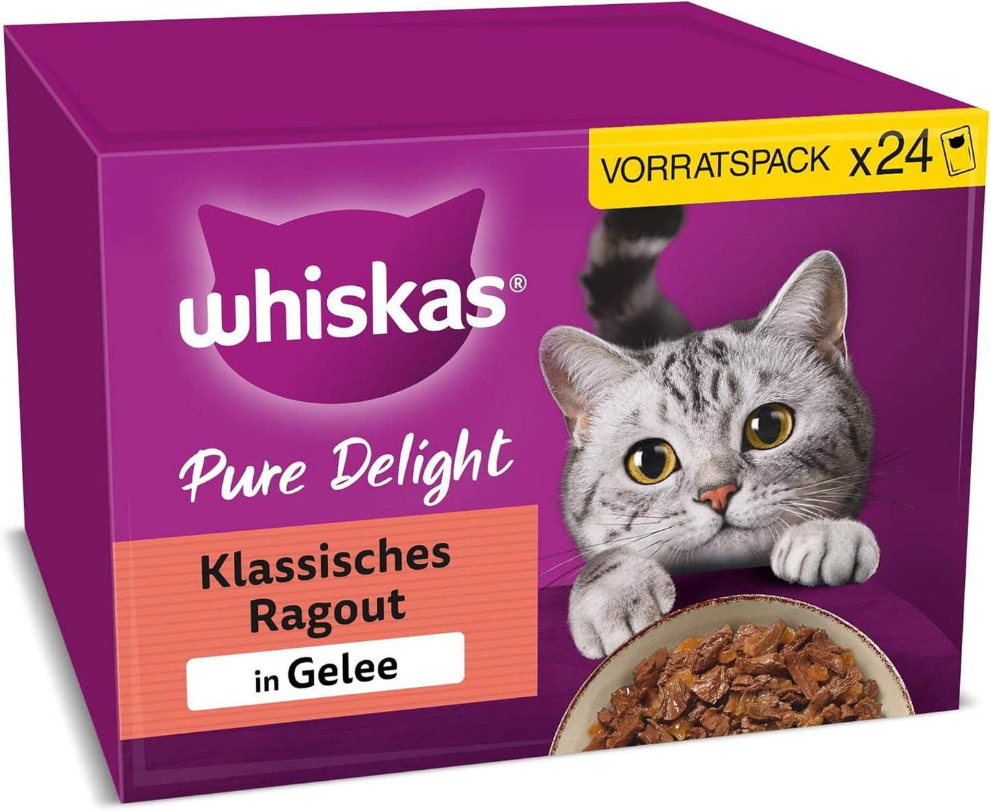 WHISKAS PURE DELIGHT Natvoer in gelei 24 x 85 g Klassieke Ragout (4 pakjes) 48 geportioneerde zakjes