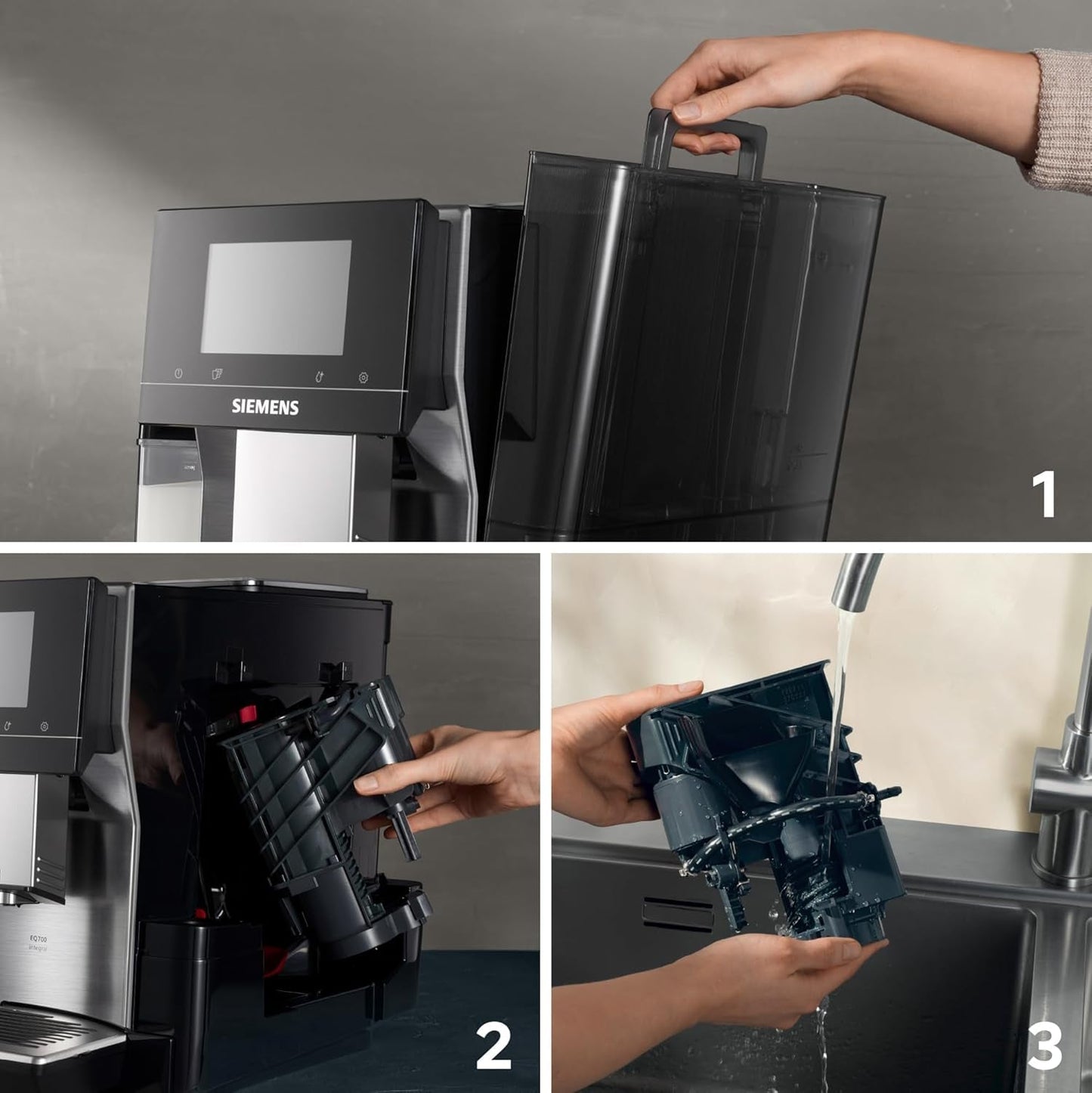 Siemens EQ700 volautomatische espressomachine, groot kleuren TFT scherm, 36 warme en koude dranken, cold brew, 2 kops functie, app bediening, automatisch reinigingssysteem, zwart RVS, TQ717D03