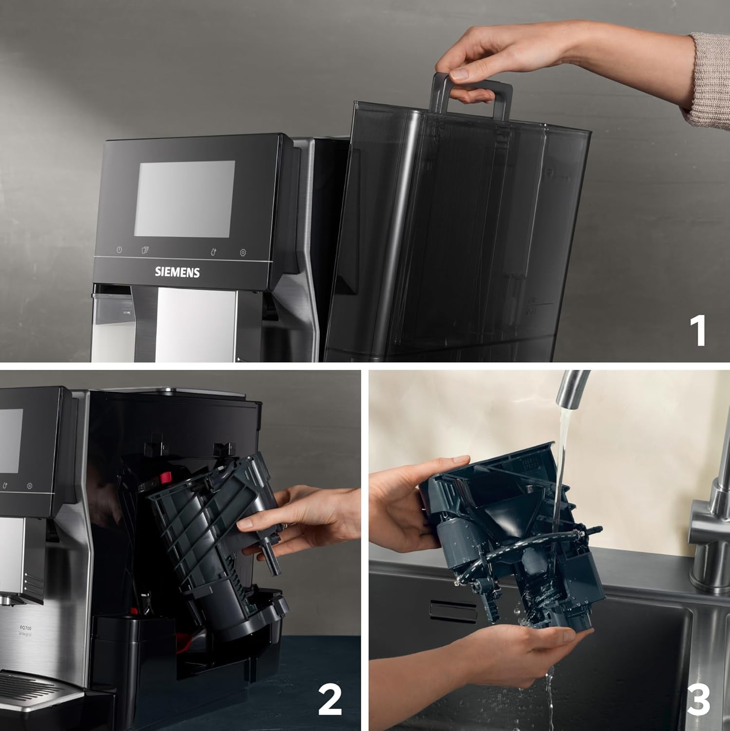 Siemens EQ700 volautomatische espressomachine, groot kleuren TFT scherm, 36 warme en koude dranken, cold brew, 2 kops functie, app bediening, automatisch reinigingssysteem, zwart RVS, TQ717D03