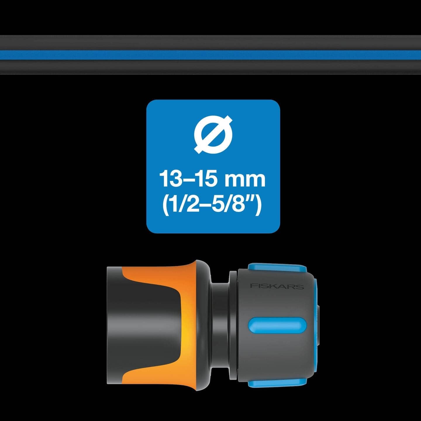 Fiskars waterrad waterslangset met 2 slangaansluitingen en kraanaansluiting, universele maat, torsiestijfheid niveau 4 (van 5), 1,8 m, Ø1,3-1,5 cm (1/2-5/8"), zwart/oranje/blauw, 1057621