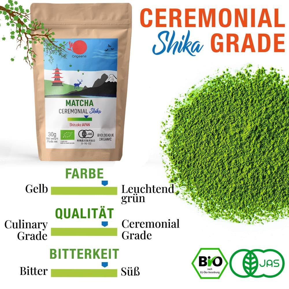 ORIGEENS BIO MATCHA CEREMONIAL GRADE "SHIKA" - Biologische Japanse thee van Shizuoka - Matcha Latte/Usucha - Navulzakje van 30 g - Ceremoniële kwaliteit biologische Matcha groene theepoeder