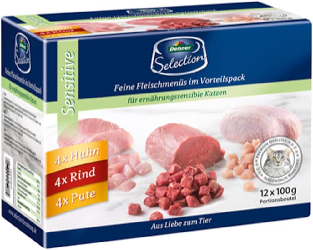 Dehner Premium Katzenfutter Sensitive Multipack, Nassfutter, voor ernährungsensible Katzen, je 4 x Huhn / Rind / Pute, 12 x 100 g zak (1,2 kg)