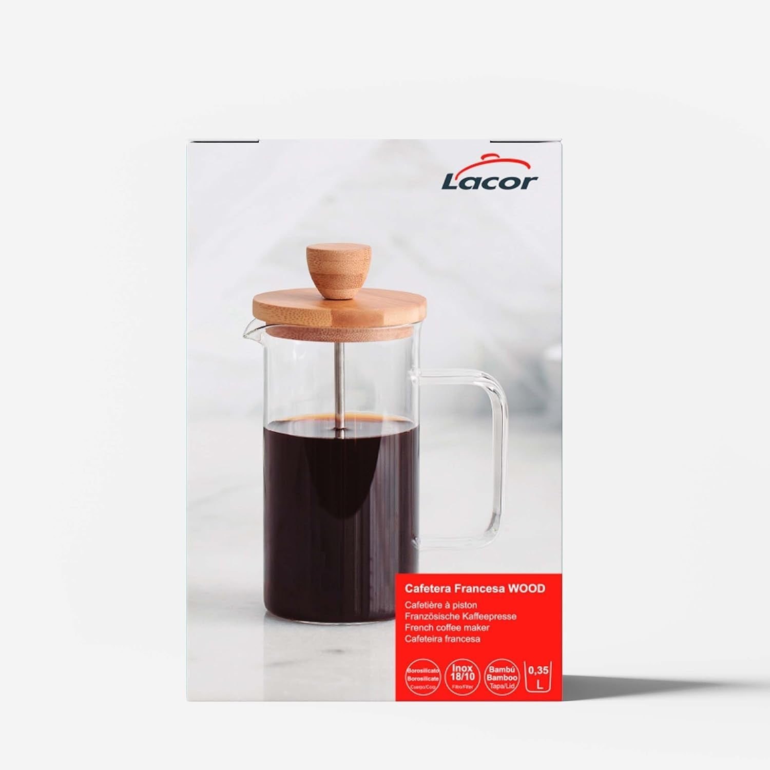 Frans koffiezetapparaat, koffiepers, plunjerkoffiezetapparaat, Franse filterkoffiepot, 3 kopjes, 0,35 l, staal en hout
