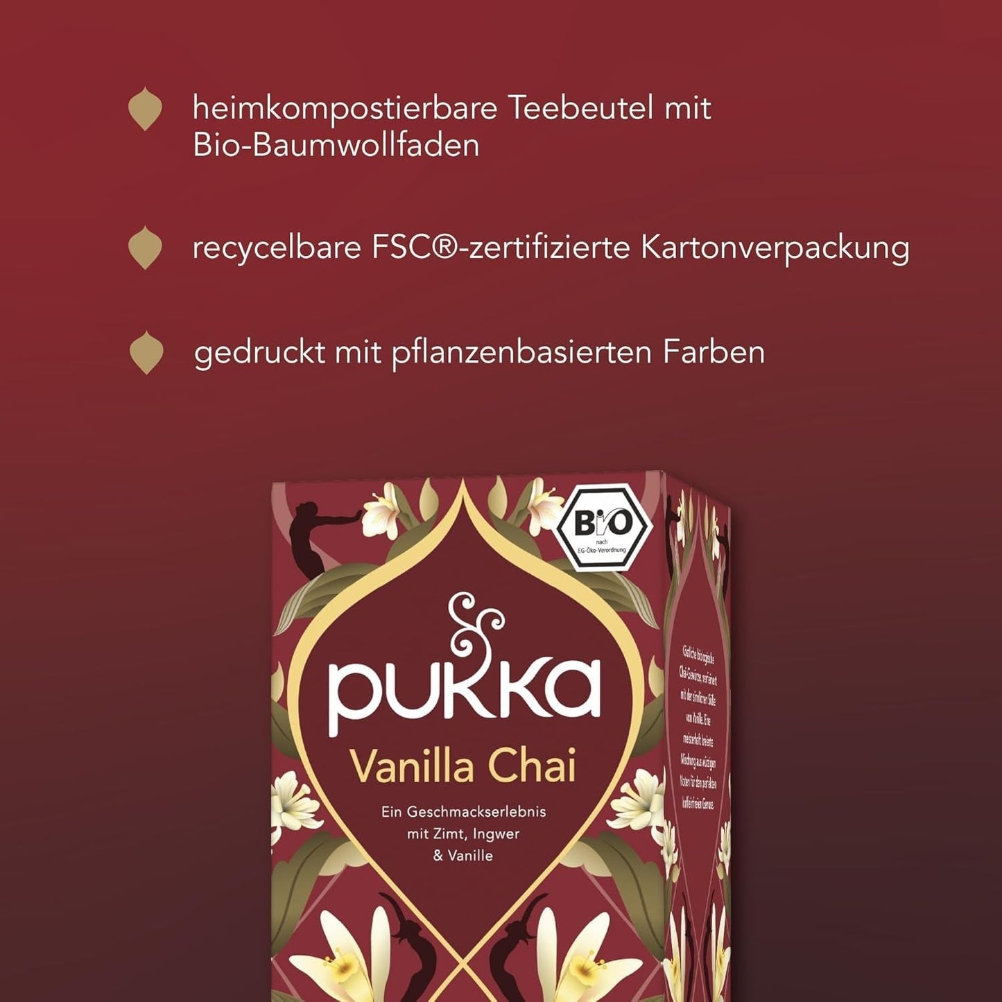 Pukka | Mix van biologische gearomatiseerde thee "Vanilla Chai" | Kaneel, gember en vanille | Thee voor een traktatie met natuurlijke zoetheid | Verpakking van 1 | 20 theezakjes