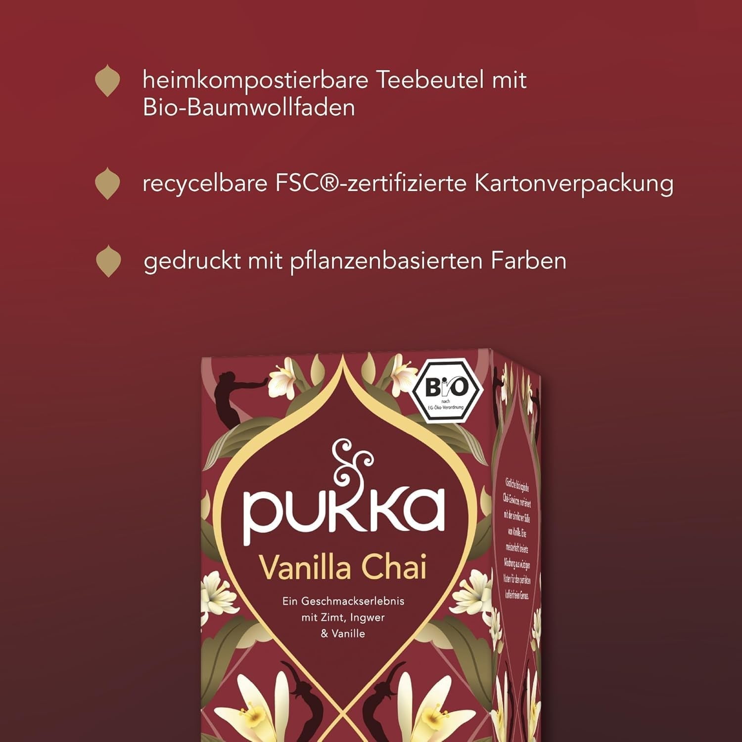 Pukka | Mix van biologische gearomatiseerde thee "Vanilla Chai" | Kaneel, gember en vanille | Thee voor een traktatie met natuurlijke zoetheid | Verpakking van 1 | 20 theezakjes