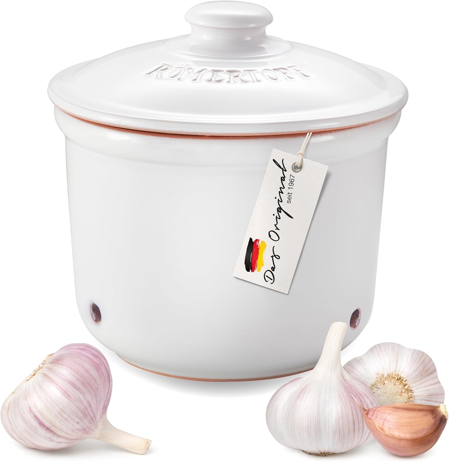 Römertopf Vershoudpot MINI 0,6 liter - Keramische knoflookpot - Ademende klei houdt groenten langer vers - Ideale luchtcirculatie - Wit Voedselbewaardozen Naty Shop Standaard titel
