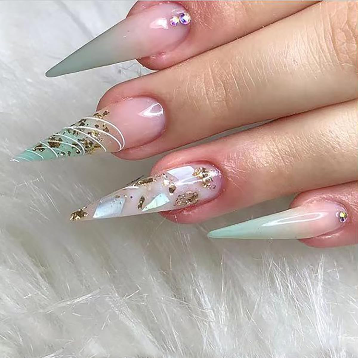 Mouyuglow Lange nagels Stiletto Melkwit Gradiënt Roze Glitter Cool Nepnagels met lijm Roze Ombre Glitter Kunstnagels