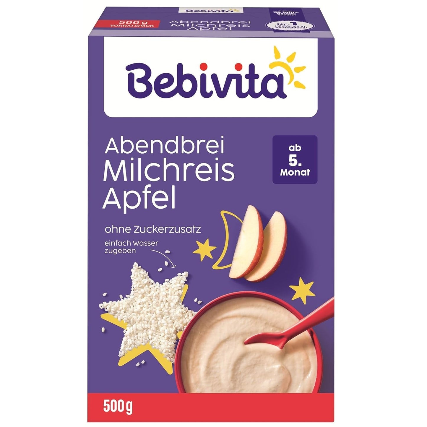 Rijstpudding met appels en avondpap (4x500g), melkpap vanaf 5 maanden, met waardevolle mineralen en vitaminen, zonder toegevoegde suikers, zeer vullend
