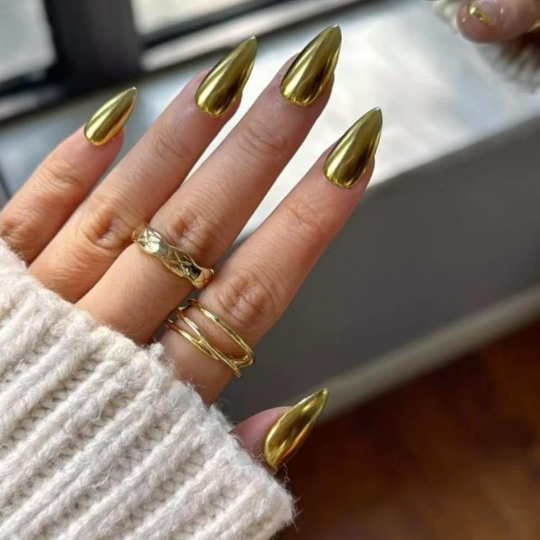 Zelfklevende chroomnagels - Medium amandelbruin Glitterlijm op nagels Glitter nepnagels Lijm op kunstnagels Geglazuurde acrylnagels voor dames 24 stuks
