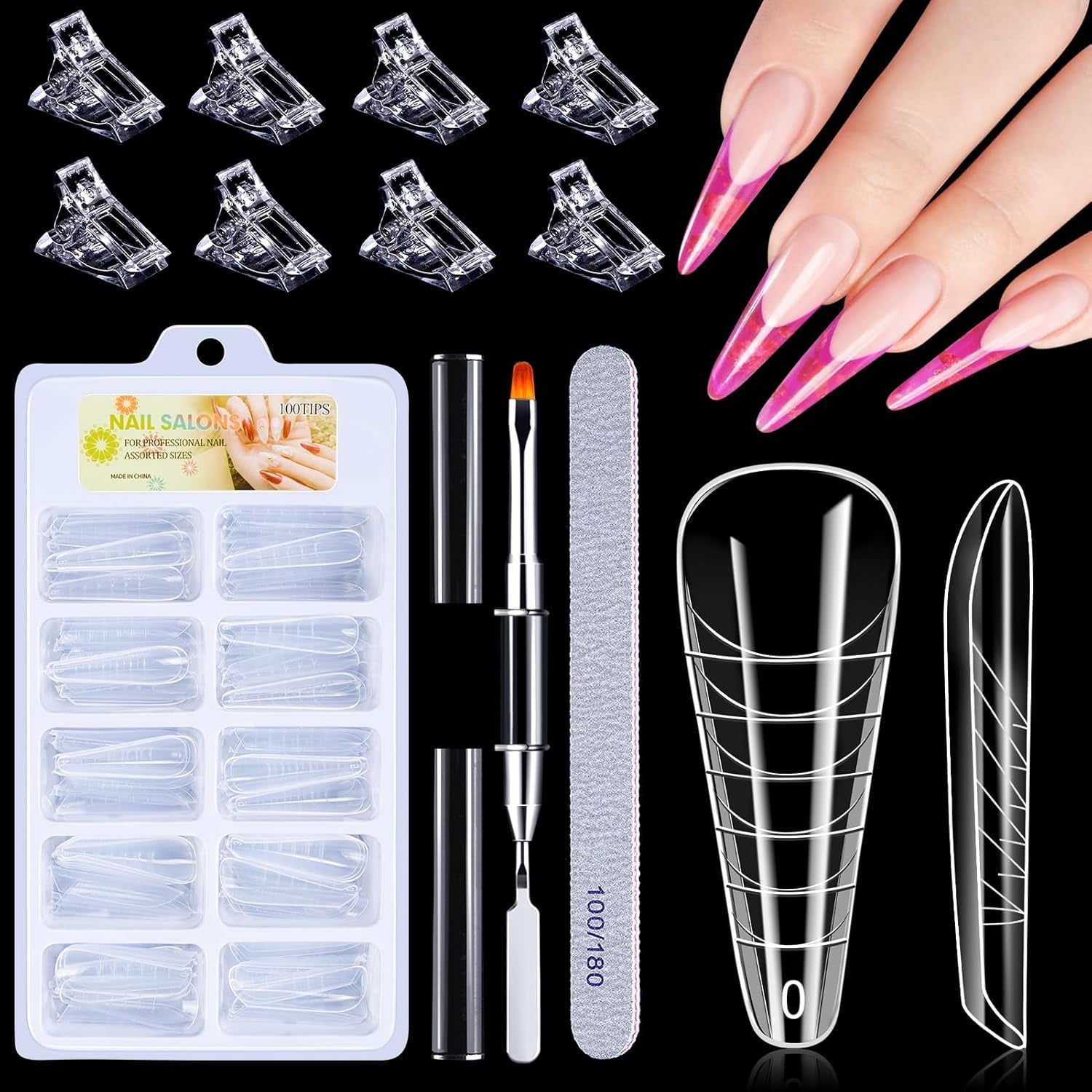 120-delige nagelvormenset, nagelverlengingen, gelnagelvormen, nagelvormset met dubbele kopborstel en nagelvijl met clips, voor gelnagels