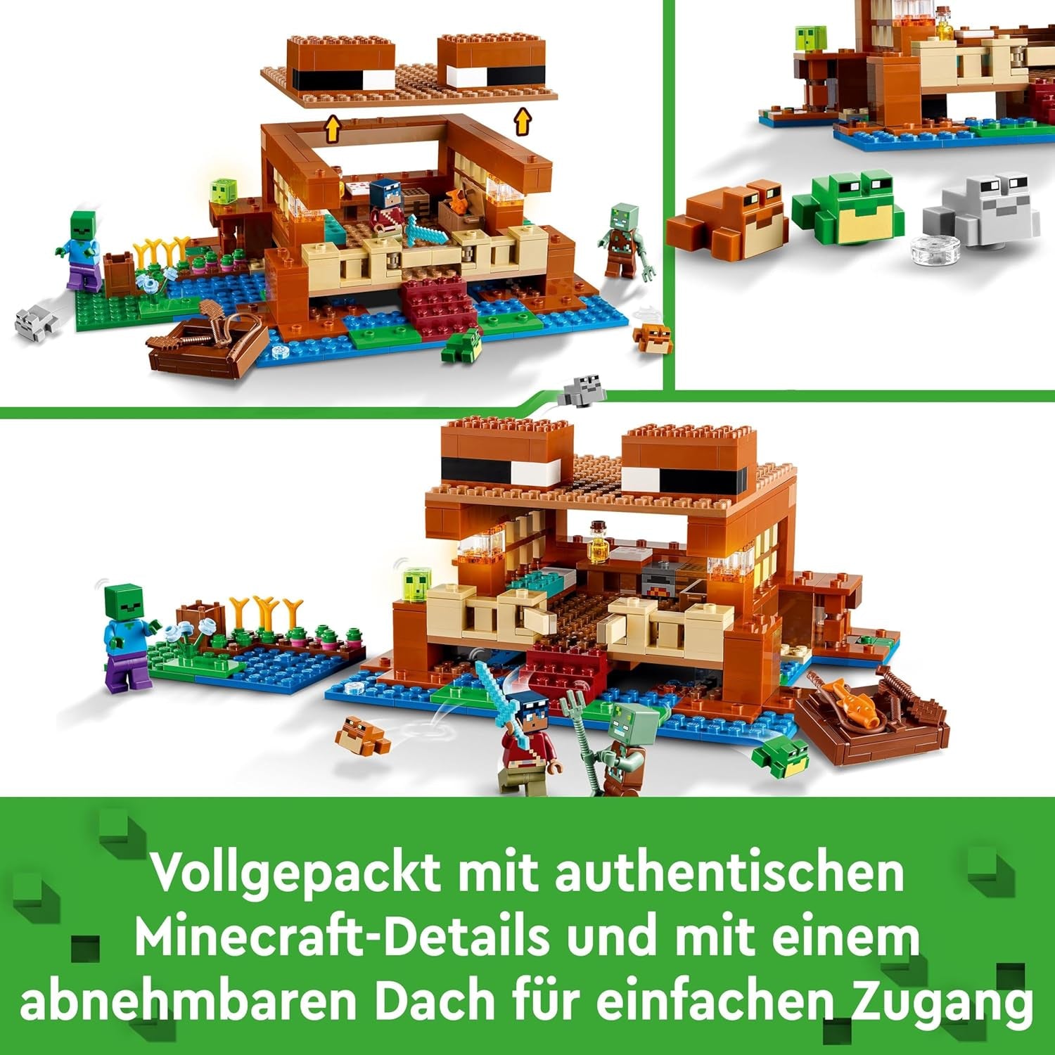 LEGO Minecraft Het Kikkerhuis, speelgoedhuis met figuren waaronder zombie, slijm en drenkeling, plus accessoires zoals speelgoedboot en werkbank, cadeau voor jongens en meisjes vanaf 8 jaar 21256 Bouwsets Besuche den LEGO-Store