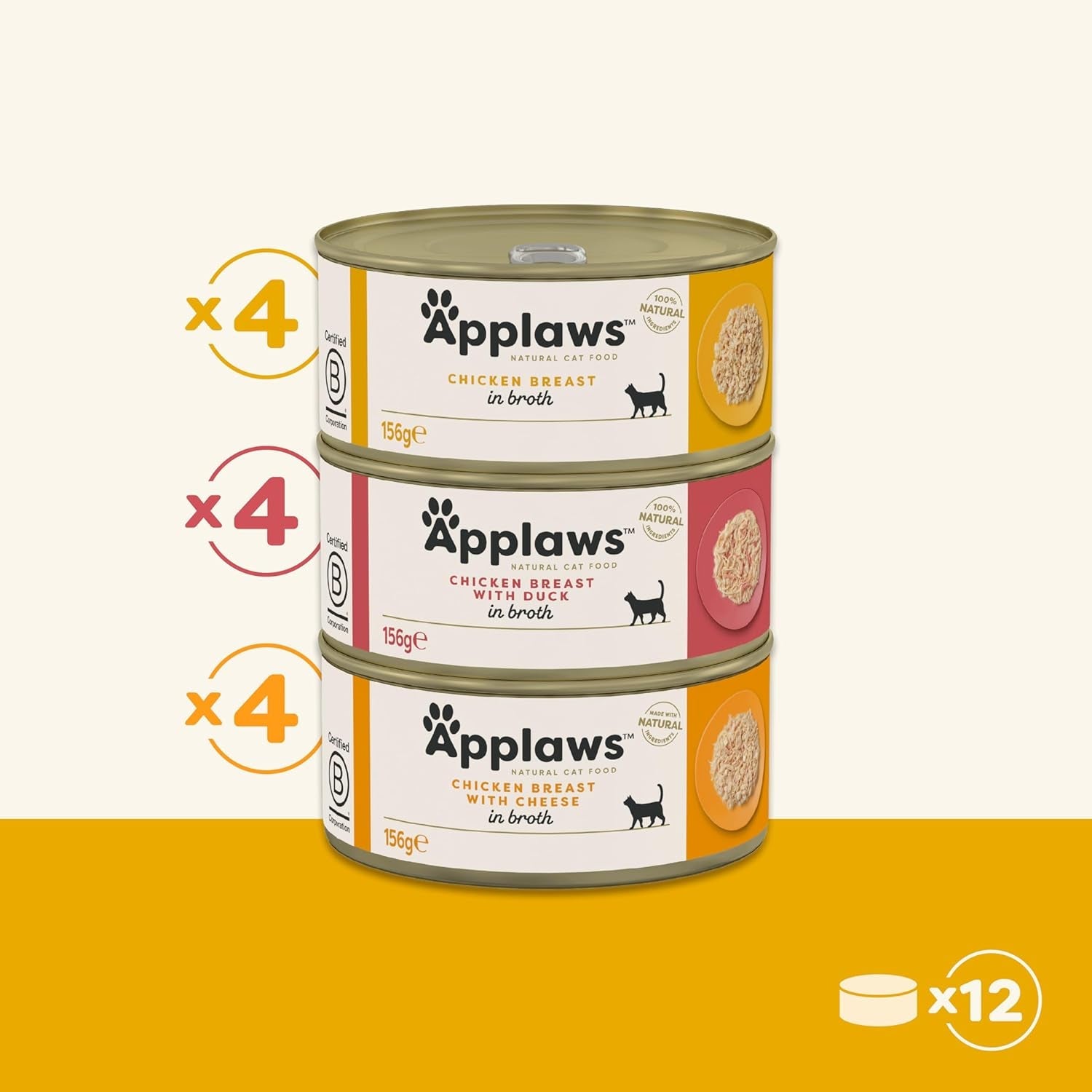 Applaws 100% Natuurlijk Premium Nat Kattenvoer Kip in Bouillon Multiverpakking - 12 Blikjes x 156g Pak