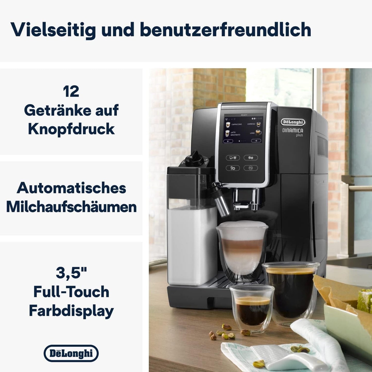 De'Longhi Dinamica Plus ECAM 370.70.B Volautomatische espressomachine met LatteCrema-melk-, cappuccino- en espressosysteem, 3,5 inch TFT-kleurentouchscreen en app-bediening, koffiefunctie, zwart