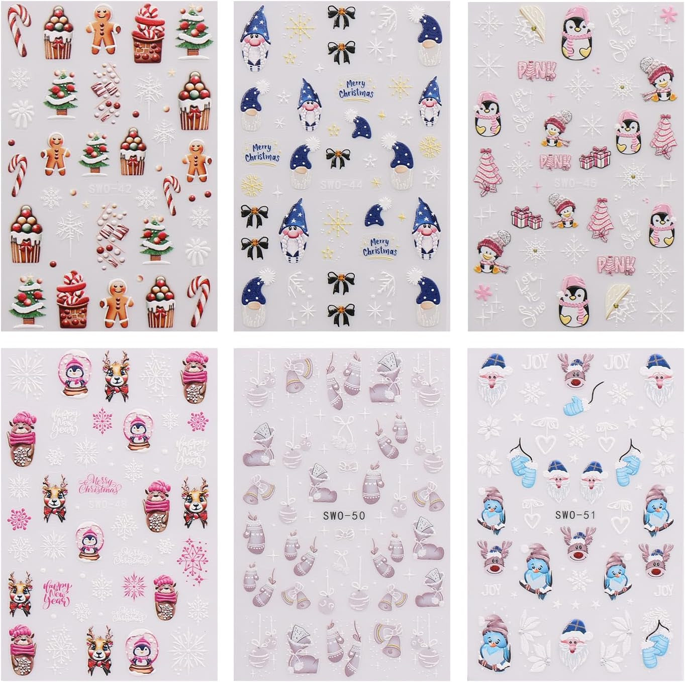 JMEOWIO Nagelsticker Weihnachten 6 Blatt Nail Art Sticker Selbstklebend Nagelaufkleber Schneeflocke Winter Urlaub Süß Decoratie Nageldesign Zubehör