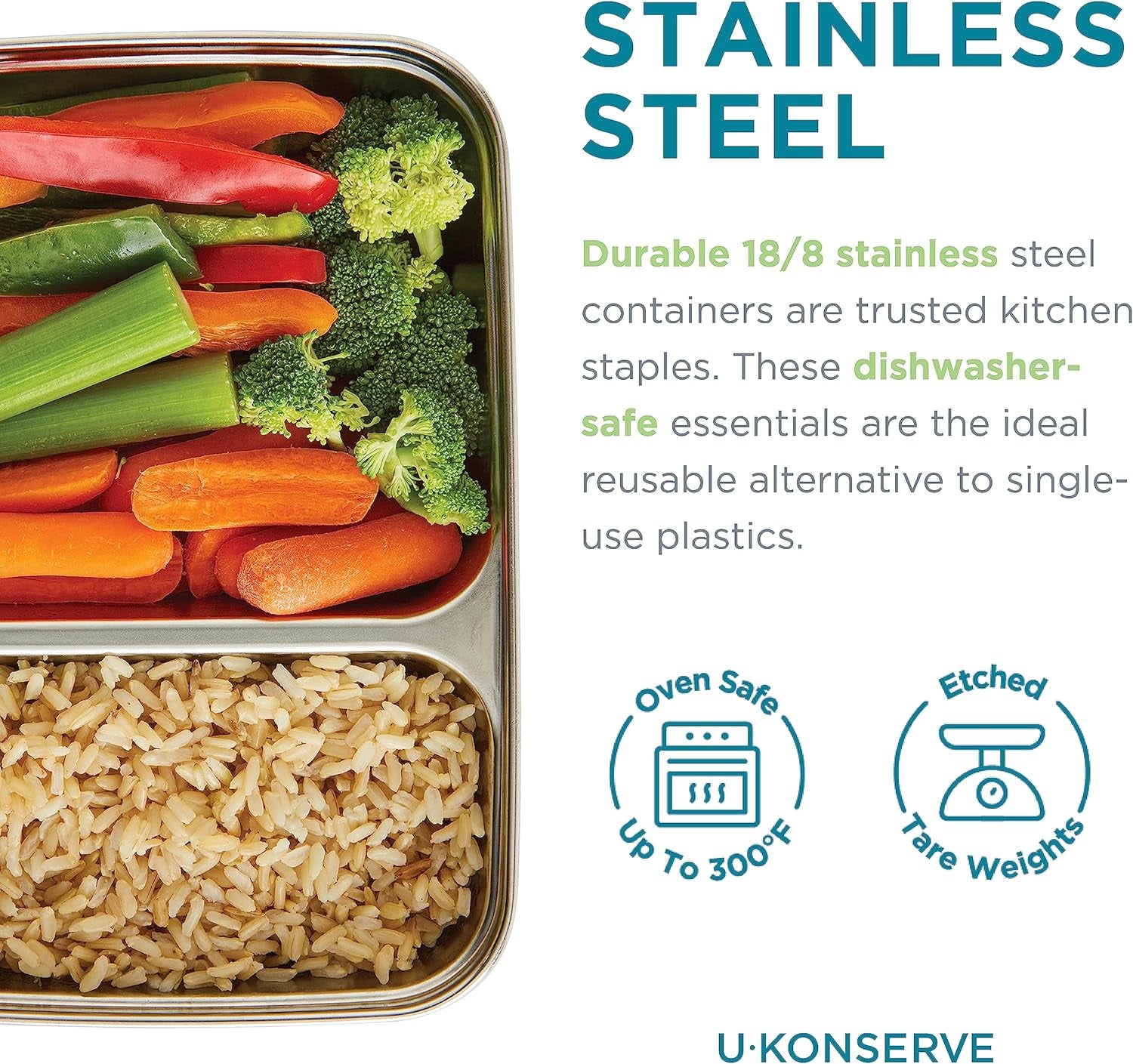 U Konserve - Verdeelde rechthoekige roestvrijstalen voedselcontainer met siliconen deksel - Island Teal - 28oz / 825ml Voedselbewaardozen Naty Shop