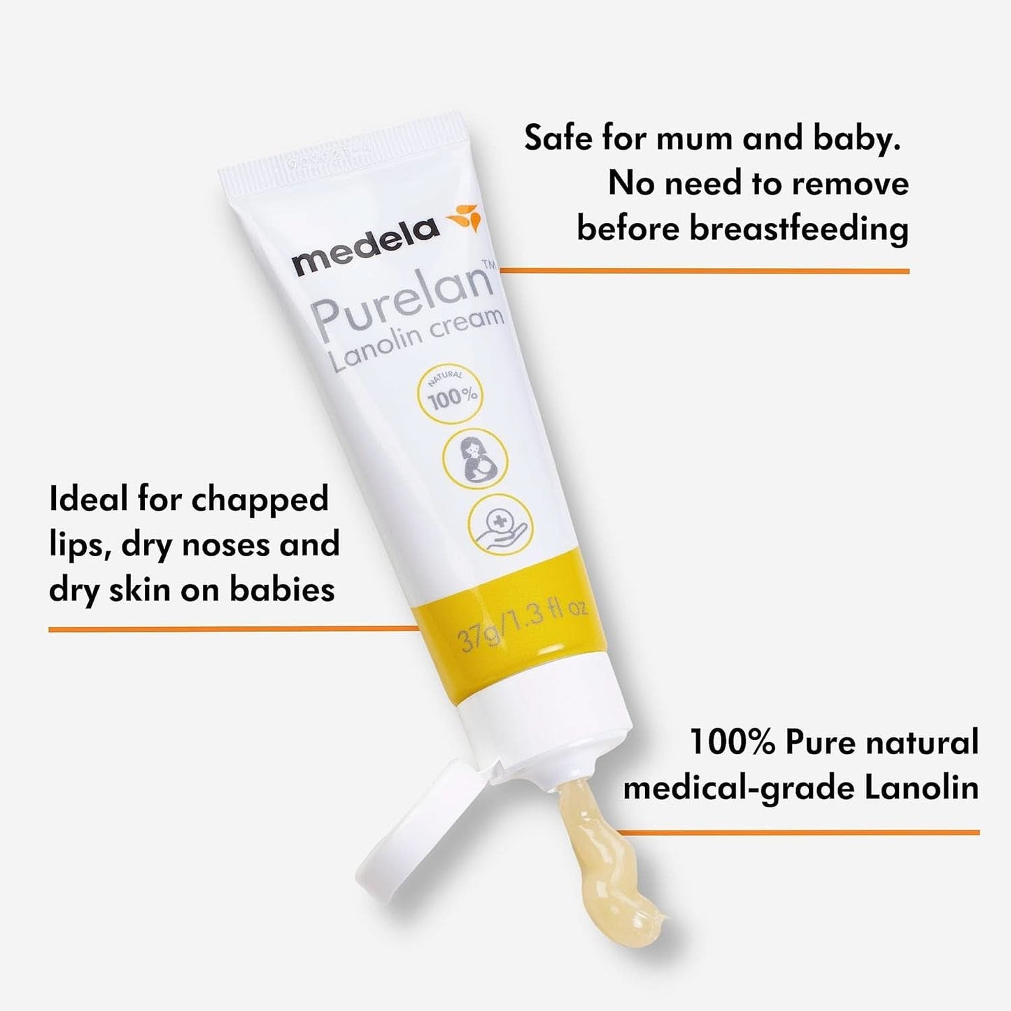 Medela Purelan 37G Lanoline Tepelcrème - crème voor pijnlijke tepels en droge huid, 100% natuurlijk, hypoallergeen Accessoires Voeding en borstvoeding Bebe Naty Shop