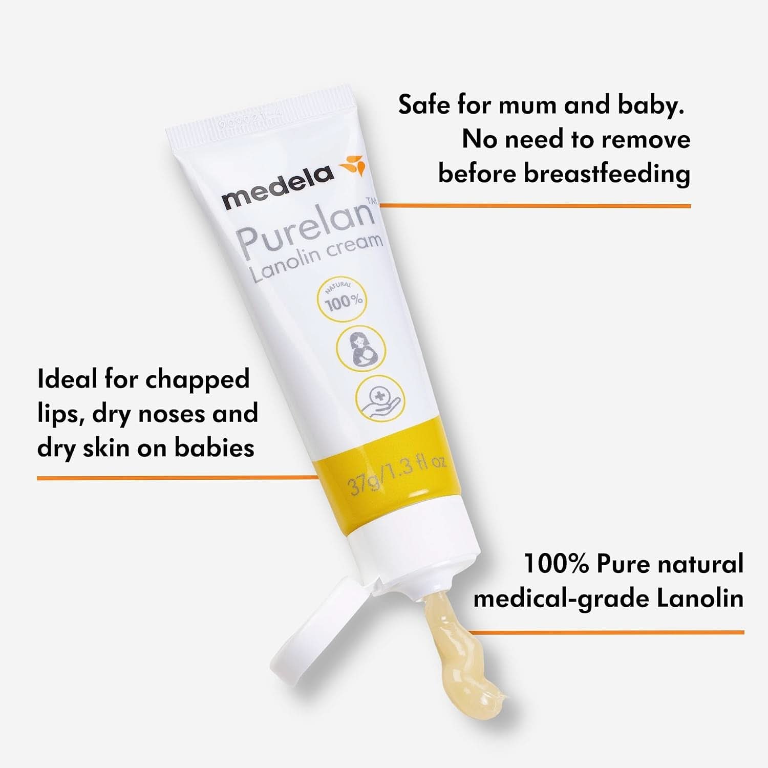 Medela Purelan 37G Lanoline Tepelcrème - crème voor pijnlijke tepels en droge huid, 100% natuurlijk, hypoallergeen Accessoires Voeding en borstvoeding Bebe Naty Shop