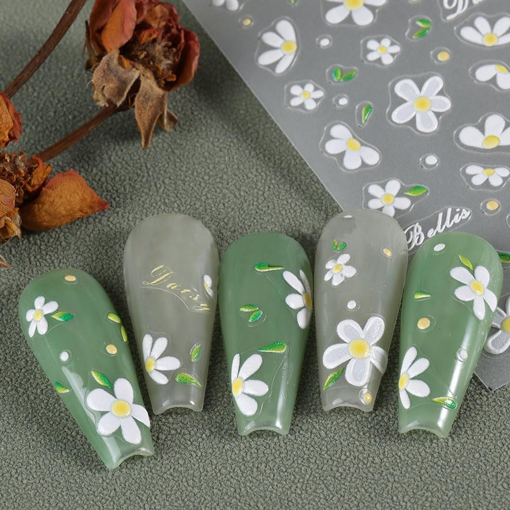 5 Stuks Geprägte Gänseblümchen Nagelsticker Selbstklebend Blumen Nagelaufkleber Gänseblümchen Schmetterling Nagel Sticker Nageldesign Aufkleber Nägel Zubehör Blume Nail Sticker Flower Nail Art Stickers