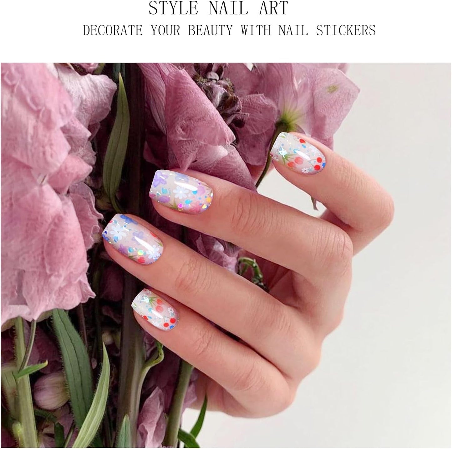 JMEOWIO Nagelfolie UV Hartend Bunter Blumenglitzer UV Gel Nail Strips Nagelsticker Nagelaufkleber Nail Art Decoratie Nageldesign Zubehör