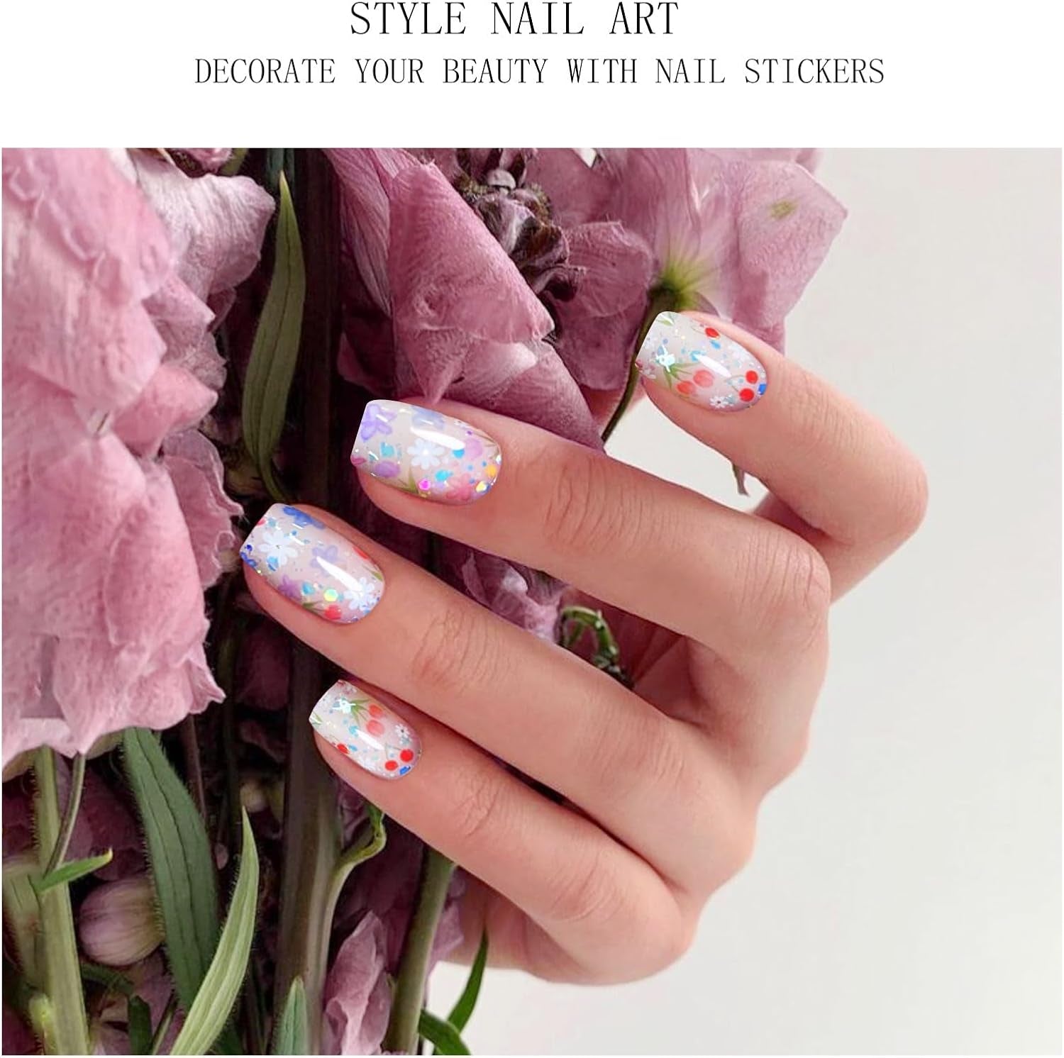 JMEOWIO Nagelfolie UV Hartend Bunter Blumenglitzer UV Gel Nail Strips Nagelsticker Nagelaufkleber Nail Art Decoratie Nageldesign Zubehör
