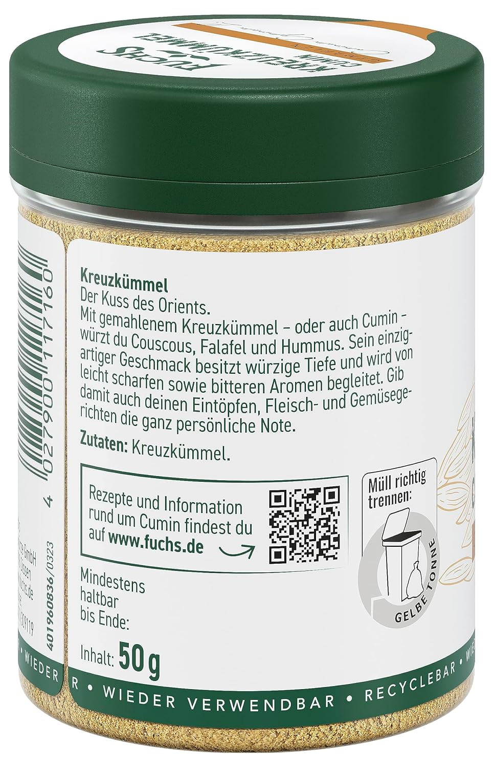 Fuchs Gewürze - Kreuzkümmel gemahlen - zum Würzen von Couscous, Hummus en Falafel - natuurlijke ingrediënten - 50 g in wiederverwendbarer, recyclebarer Dosis