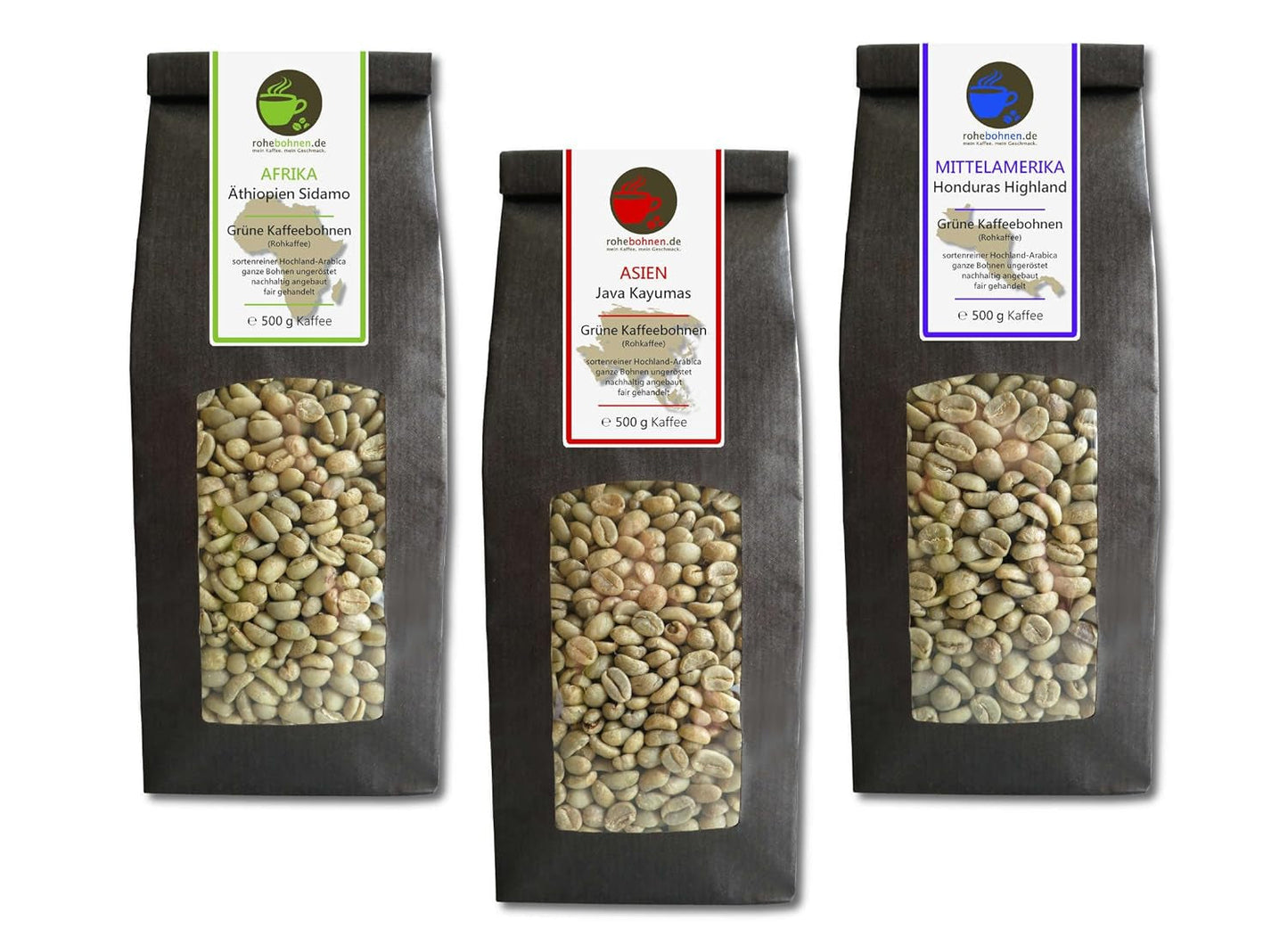 Rauwe koffie - Biologische groene koffie uit Ethiopië, Java, Honduras (verkleind pakket groene koffiebonen 3x500g) - GMP gecertificeerd