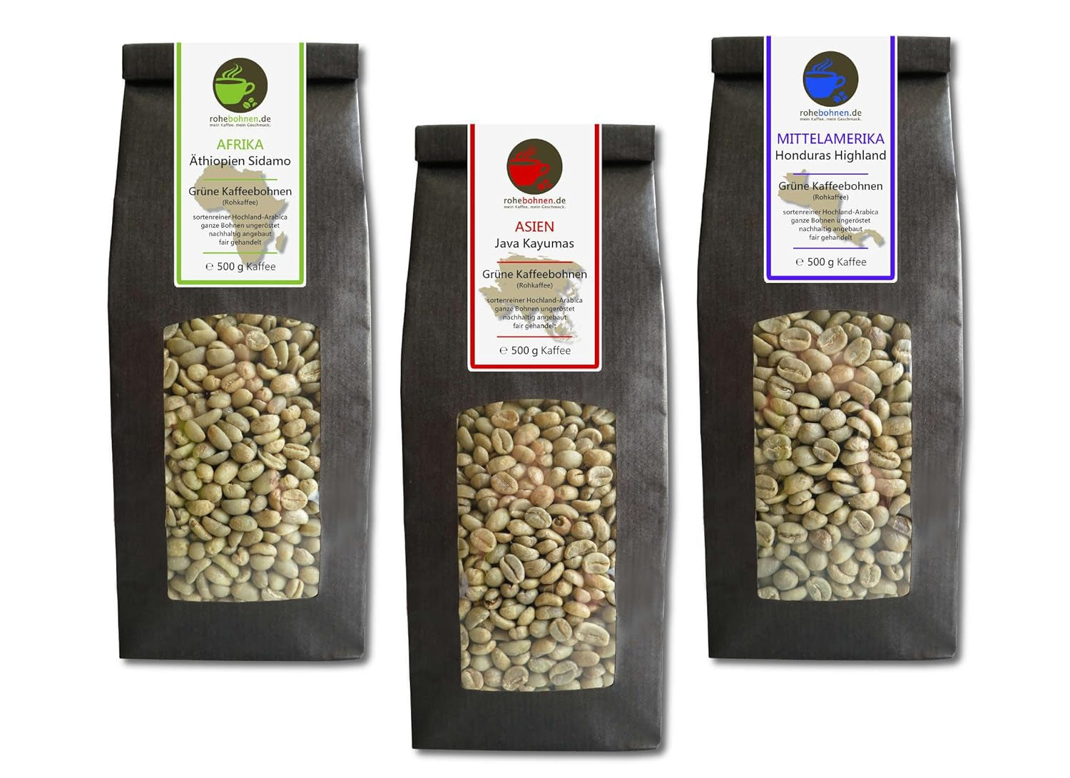 Rauwe koffie - Biologische groene koffie uit Ethiopië, Java, Honduras (verkleind pakket groene koffiebonen 3x500g) - GMP gecertificeerd